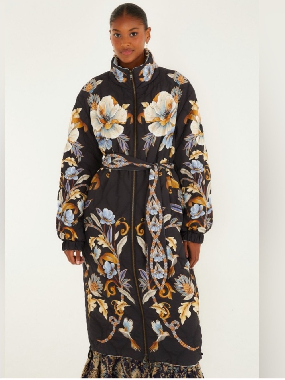 Black Flowerful Snake Garden Reversible Maxi Puffer
Jacket by Farm Rio